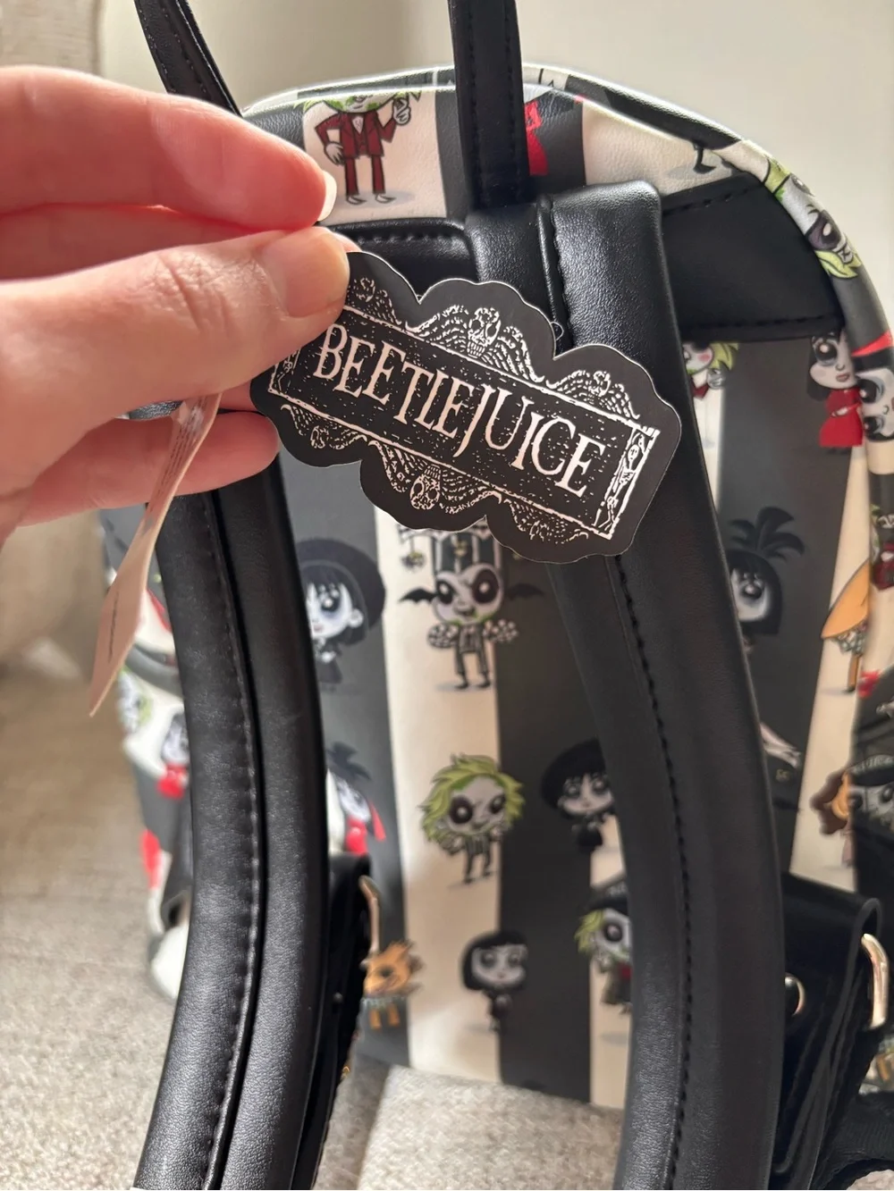 Loungefly Beetlejuice Mini Backpack Black Striped Chibi Character Print NWT